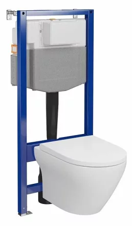 Ívelt kialakítású fali WC csésze duroplast ülőkével, beépíthető falsík alatti tartállyal és szerelőkerettel, fehér kivitelben.