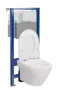 Ívelt kialakítású fali WC csésze duroplast ülőkével, beépíthető falsík alatti tartállyal és szerelőkerettel, fehér kivitelben.