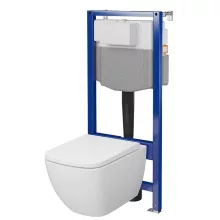 Szögletes fali WC csésze duroplast ülőkével, beépíthető falsík alatti tartállyal és szerelőkerettel, fehér kivitelben.