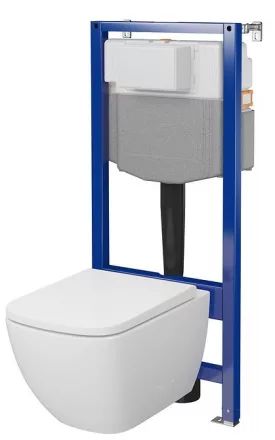 Szögletes fali WC csésze duroplast ülőkével, beépíthető falsík alatti tartállyal és szerelőkerettel, fehér kivitelben.