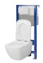 Szögletes fali WC csésze duroplast ülőkével, beépíthető falsík alatti tartállyal és szerelőkerettel, fehér kivitelben.