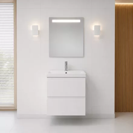 Cersanit Moduo Slim 60 szekrény keskeny mosdóval és Metropolitan LED tükörrel, fényes fehér.