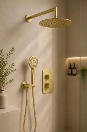 Deante Therm falsík alatti termosztátos zuhanyrendszer szálcsiszolt arany kivitelben.