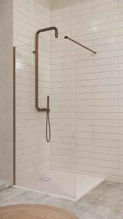 Deante Prizma Walk-in zuhanyfal 100x195 cm méretben, átlátszó biztonsági üveggel és szálcsiszolt bronz profilszínnel.