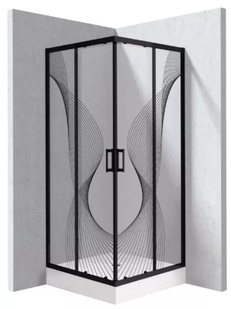 Deante Funkia Evo szögletes zuhanykabin 80x195 cm hullám mintás átlátszó üveggel, akril zuhanytálcával és matt fekete profilszínnel.