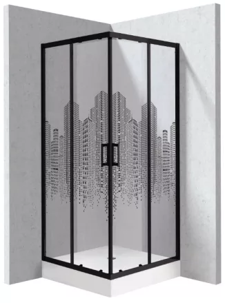 Deante Funkia Evo szögletes zuhanykabin 90x195 cm város mintás üveggel, akril zuhanytálcával és matt fekete profilkerettel.