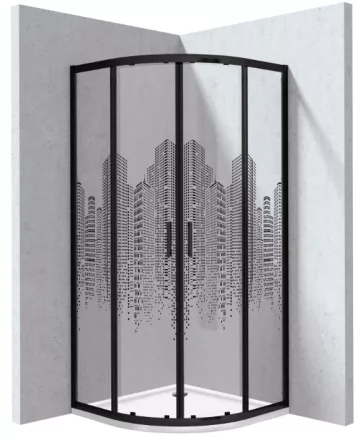 Deante Funkia Evo íves zuhanykabin 80x195 cm város mintás átlátszó üveggel, akril zuhanytálcával és matt fekete profilszínnel.