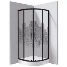 Deante Funkia Evo íves zuhanykabin 80x195 cm város mintás üveggel, akril zuhanytálcával és matt fekete profilszínnel.