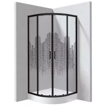 Deante Funkia Evo íves zuhanykabin 90x195 cm város mintás üveggel, akril zuhanytálcával és matt fekete profilszínnel.