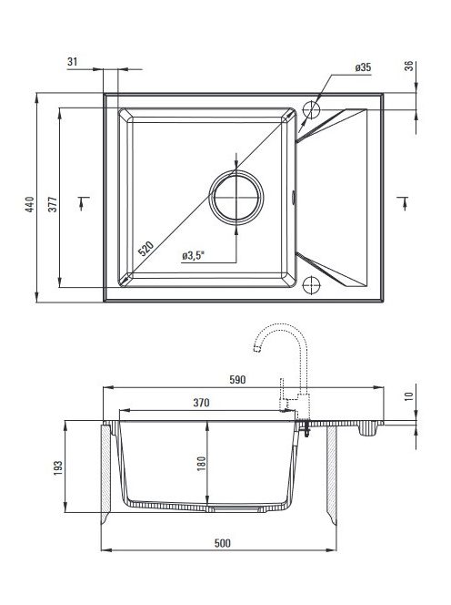 Deante Evora 1 medencés szögletes gránit mosogató csepegtetővel 59x44 cm, grafit ZQJ 211A