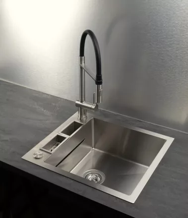 Deante Magnetic gránit mosogatótálca 56x50 cm, automatikus leeresztővel és szifonnal, szálcsiszolt acél kivitelben