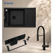 Deante Magnetic gránit mosogatótálca 82x50 cm, csapteleppel és kiegészítőkkel, matt fekete kivitelben.