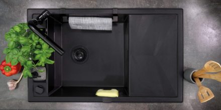 Deante Magnetic gránit mosogatótálca 82x50 cm, automatikus leeresztővel és szifonnal, matt fekete ZRM N113