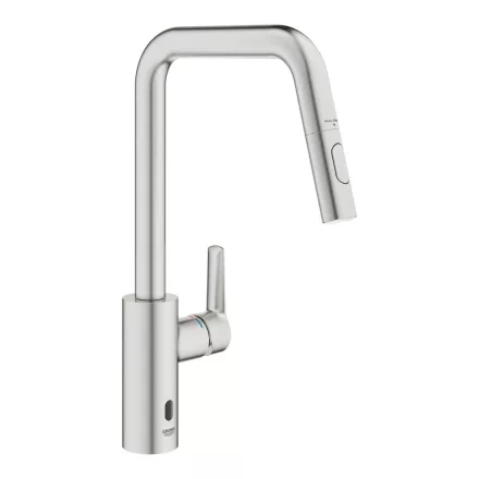 Grohe QuickFix Start elektronikus konyhai mosogató keverőcsap kihúzható zuhanyfejjel rozsdamentes acél