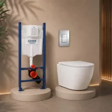 Grohe Rapid SL fali WC szett Karag Milos Rimless WC csészével ülőkével és króm nyomólappal