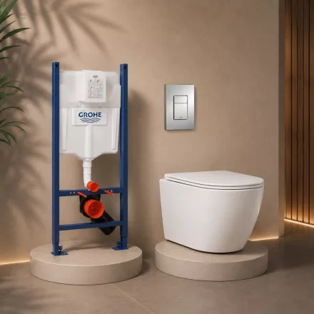 Grohe Rapid SL fali WC szett Karag Milos Rimless WC csészével ülőkével és króm nyomólappal