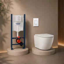   Grohe Rapid SL fali WC szett Karag Milos Rimless WC csészével, ülőkével és fehér nyomólappal