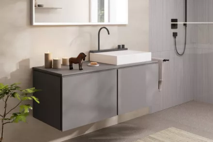 Hansgrohe Avalegra AquaUnit 580/475 SolidSurface mosdó mosdórendszerrel, fehér/szálcsiszolt fekete króm 22472340