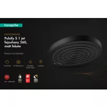 Hansgrohe Pulsify S 1jet fejzuhany 260 mm, matt fekete kivitelben.
