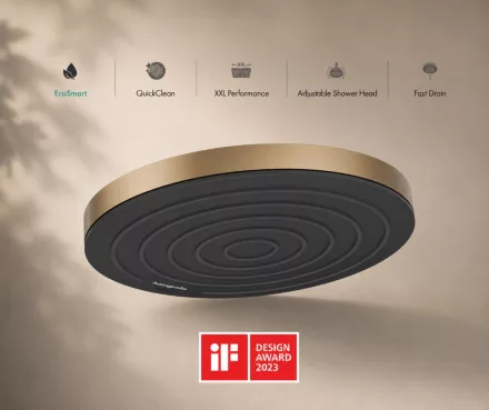Hansgrohe Pulsify S EcoSmart fejzuhany PowderRain vízsugárral és szálcsiszolt bronz felülettel.