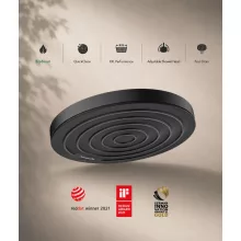Hansgrohe Pulsify S EcoSmart fejzuhany PowderRain vízsugárral és matt fekete felülettel.