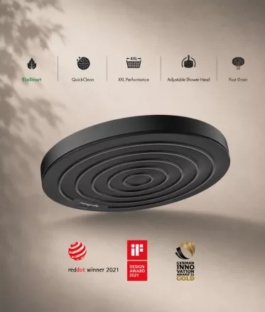 Hansgrohe Pulsify S EcoSmart fejzuhany PowderRain vízsugárral és matt fekete felülettel.