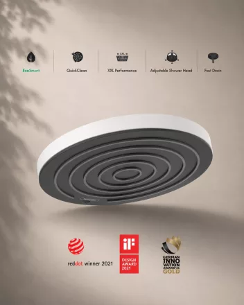 Hansgrohe Pulsify S EcoSmart fejzuhany PowderRain vízsugárral és matt fehér felülettel.