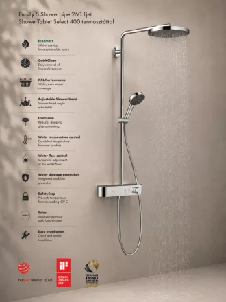 Hansgrohe Pulsify S Zuhanyrendszer 260, 1 jet és ShowerTablet Select 400 króm 24220000