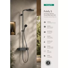 Hansgrohe Pulsify S 260 mm fejzuhanyos zuhanyrendszer ShowerTablet Select 400 termosztáttal, szálcsiszolt fekete króm felülettel.