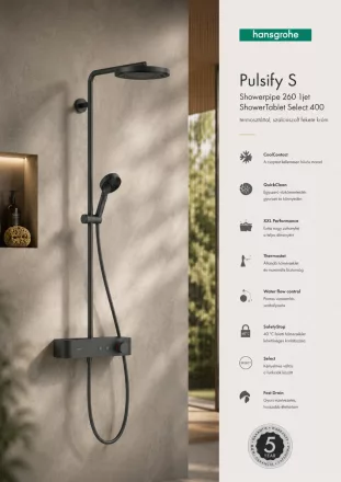 Hansgrohe Pulsify S 260 mm fejzuhanyos zuhanyrendszer ShowerTablet Select 400 termosztáttal, szálcsiszolt fekete króm felülettel.