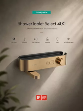 Hansgrohe ShowerTablet Select 400 termosztátos kádcsaptelep elegáns szálcsiszolt bronz felülettel és tárolópolccal.