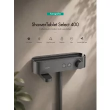 Hansgrohe ShowerTablet Select 400 termosztátos kádcsaptelep szálcsiszolt fekete króm felülettel és praktikus tárolópolccal.