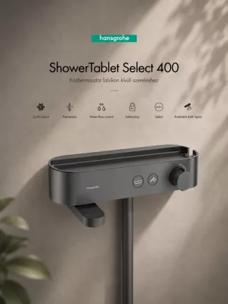 Hansgrohe ShowerTablet Select 400 termosztátos kádcsaptelep szálcsiszolt fekete króm felülettel és praktikus tárolópolccal.