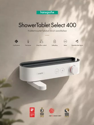Hansgrohe ShowerTablet Select 400 termosztátos kádcsaptelep matt fehér felülettel és praktikus tárolópolccal.