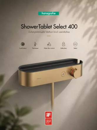 Hansgrohe ShowerTablet Select 400 zuhanytermosztát praktikus tárolófelülettel és szálcsiszolt bronz felülettel.