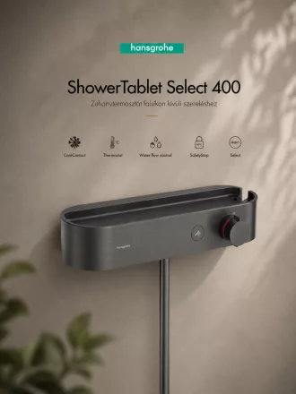 Hansgrohe ShowerTablet Select 400 zuhanytermosztát praktikus tárolófelülettel és szálcsiszolt fekete króm felülettel.