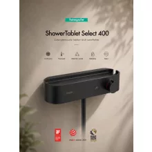 Hansgrohe ShowerTablet Select 400 zuhanytermosztát praktikus tárolófelülettel és matt fekete felülettel.