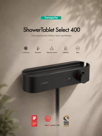 Hansgrohe ShowerTablet Select 400 zuhanytermosztát praktikus tárolófelülettel és matt fekete felülettel.