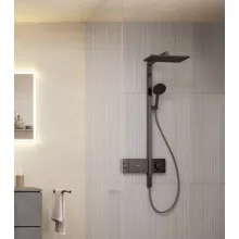   Hansgrohe Raindance Alive Q zuhanyrendszer ShowerSelect Comfort E termosztáttal, szálcsiszolt fekete/króm 24590340