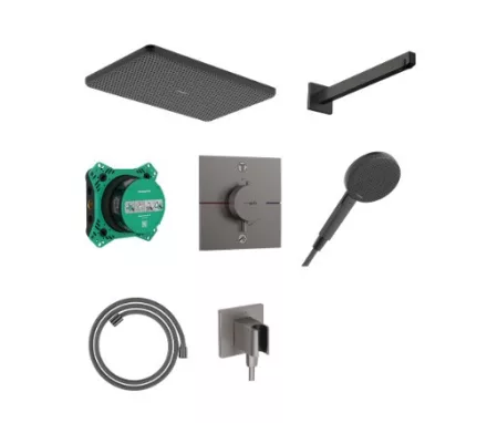 Hansgrohe Raindance Alive Q prémium zuhanyrendszer szálcsiszolt fekete króm felülettel és ShowerSelect Comfort E termosztáttal.