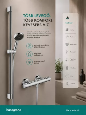 Hansgrohe Activera Select S termosztátos zuhanyszett 90 cm rúddal és EcoSmart technológiával, króm kivitelben.