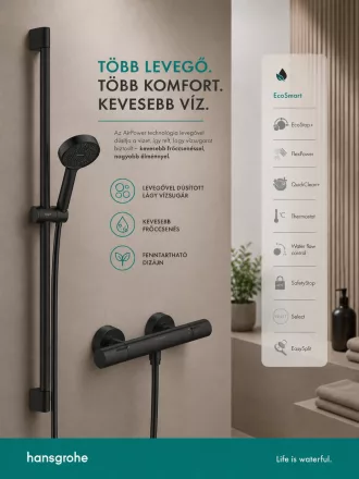Hansgrohe Activera Select S termosztátos zuhanyszett 90 cm rúddal és EcoSmart technológiával, matt fekete kivitelben.