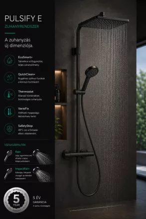 Hansgrohe Activera Q zuhanyrendszer EcoSmart+ Fine zuhanytermosztáttal és zuhanyszettel, matt fekete kivitelben.