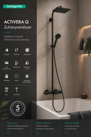 Hansgrohe Activera Q zuhanyrendszer Ecostat Fine termosztátos kádtöltő csapteleppel, matt fekete kivitelben.