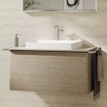   Hansgrohe Xelu Q Konzolos mosdószekrény 980/550 fiókkal, ráültetett mosdótálakhoz, króm fogantyú/természetes tölgy 54060000