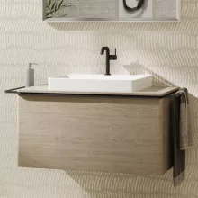   Hansgrohe Xelu Q Konzolos mosdószekrény 980/550 fiókkal, ráültetett mosdótálakhoz, matt fekete fogantyú/természetes tölgy 54060670