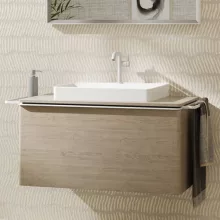   Hansgrohe Xelu Q Konzolos mosdószekrény 980/550 fiókkal, ráültetett mosdótálakhoz, matt fehér fogantyú/természetes tölgy 54060700