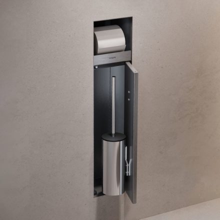Hansgrohe XtraStoris Rock falba süllyeszthető WC kefe és papír tartó, csempézhető ajtóval, szálcsiszolt rozsdamentes acél 56062800