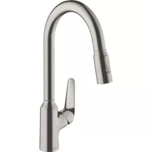   Hansgrohe Focus M42 rozsdamentes acél hatású konyhai csaptelep, kihúzható zuhanyfejjel 71800800