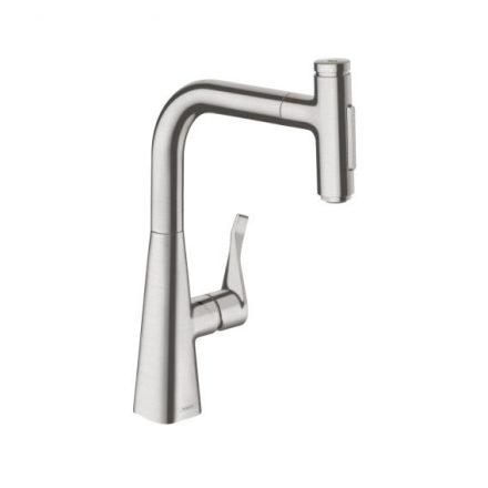 Hansgrohe Metris Select M71 rozsdamentes acél hatású konyhai csaptelep, kihúzható kifolyóval 73817800